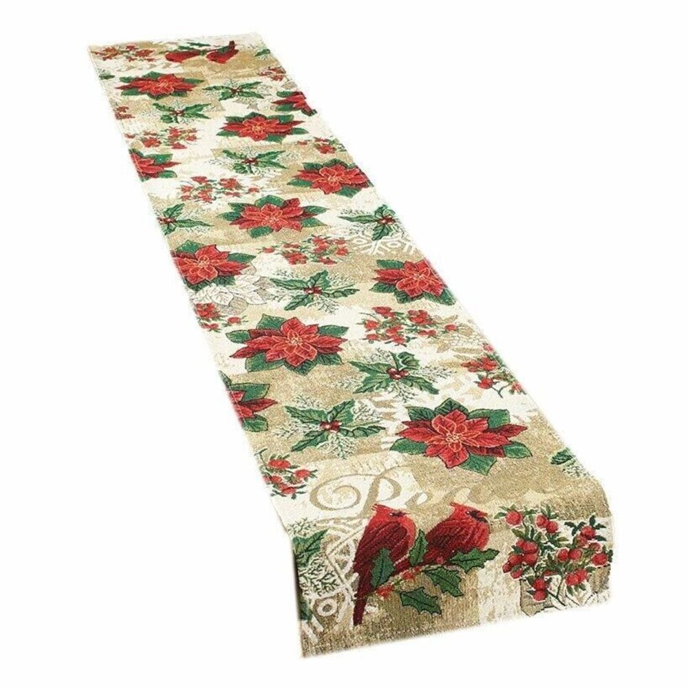 Red Cardinal Tapestry Table Runner Peace Poinsettias Snowflake Holly Berries NEW